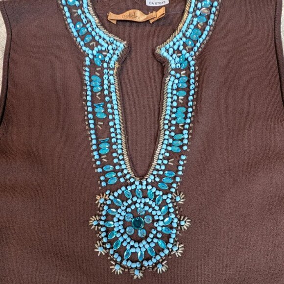 NWOT Belldini Brown Sleeveless Top with Turquoise Beadwork - Picture 7 of 10